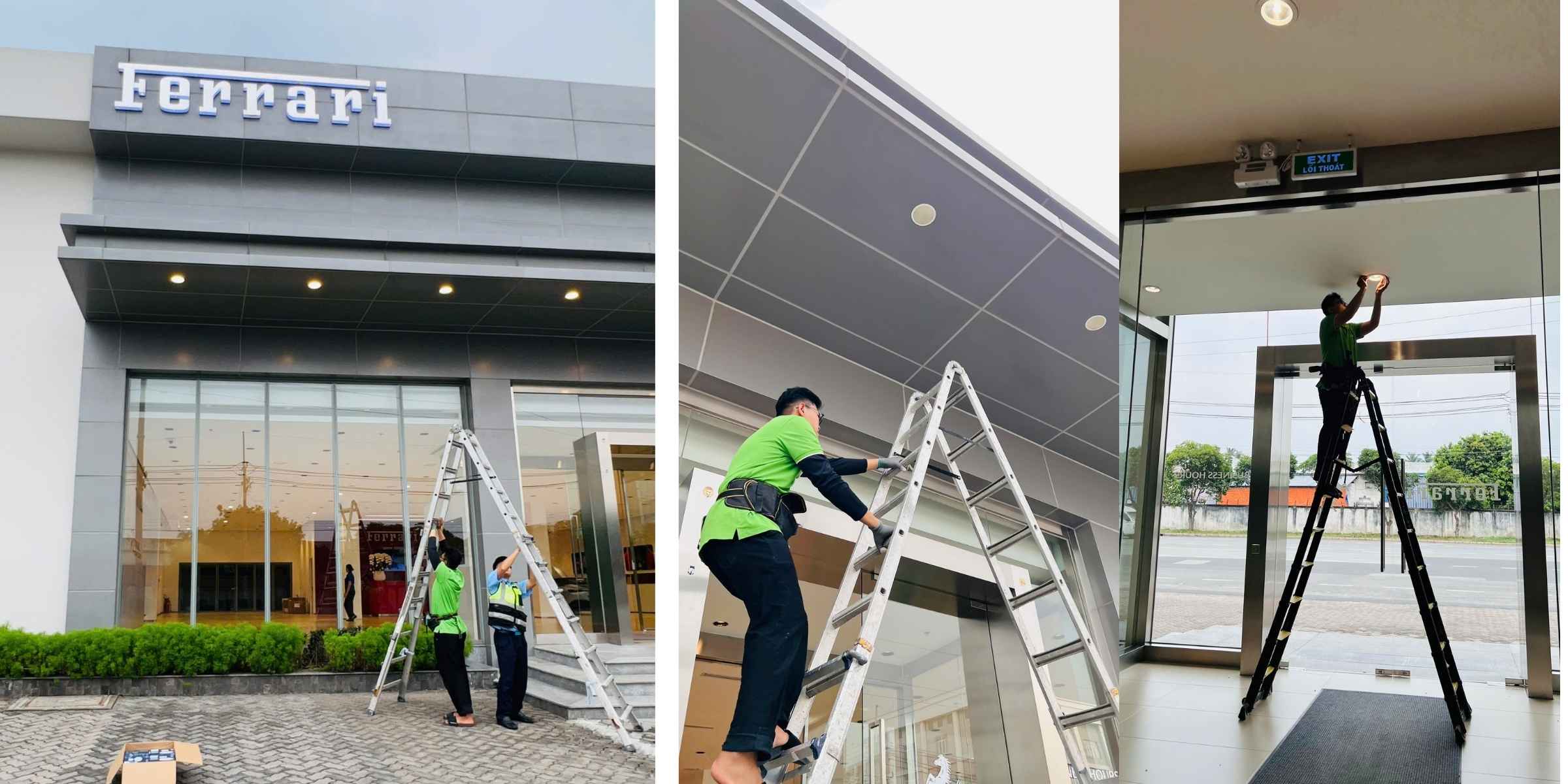 Kỹ thuật viên dùng thang nhôm lắp đặt đèn trần tại showroom Ferrari có cửa kính lớn